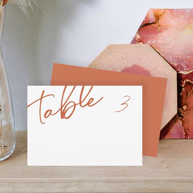Terracotta Dinner Plata Name Platzkarte (elegant script calligraphy terracotta burnt orange wedding table place name card with table number)