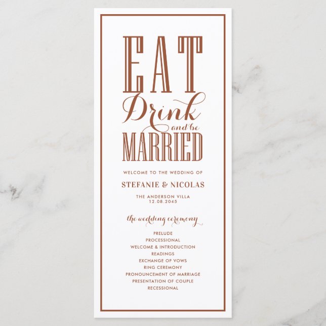 Terracotta Eat Drink und Verheiratet Hochzeit sein Programm (Vorderseite)