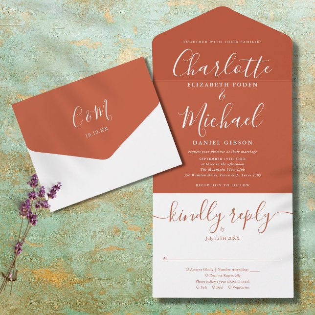 Terracotta Einfache moderne Schrift Minimalistisch All In One Einladung (Von Creator hochgeladen)