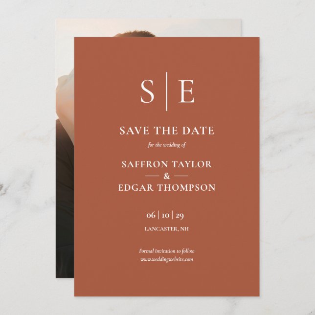 Terracotta Elegant Monogram Foto Wedding Save The Date (Vorne/Hinten)