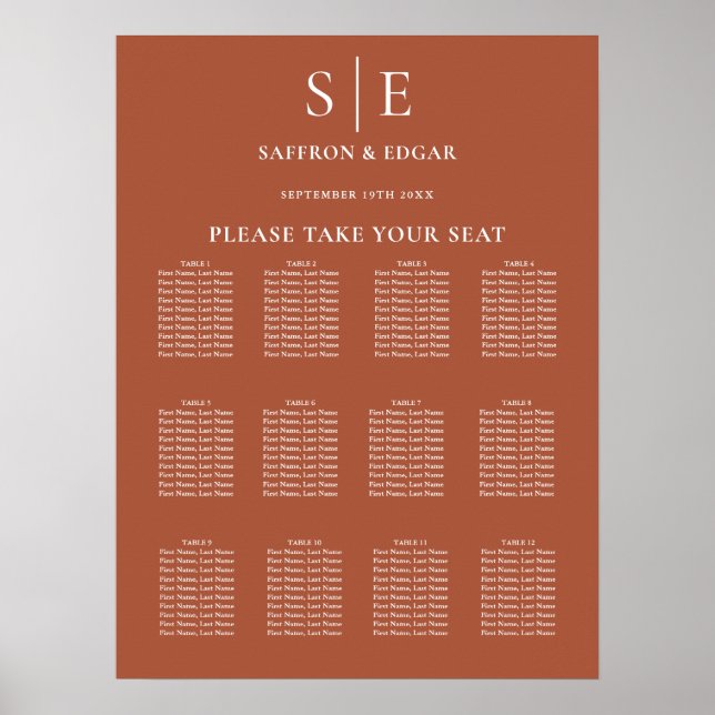Terracotta Elegant Monogram Wedding Chart Poster (Vorne)