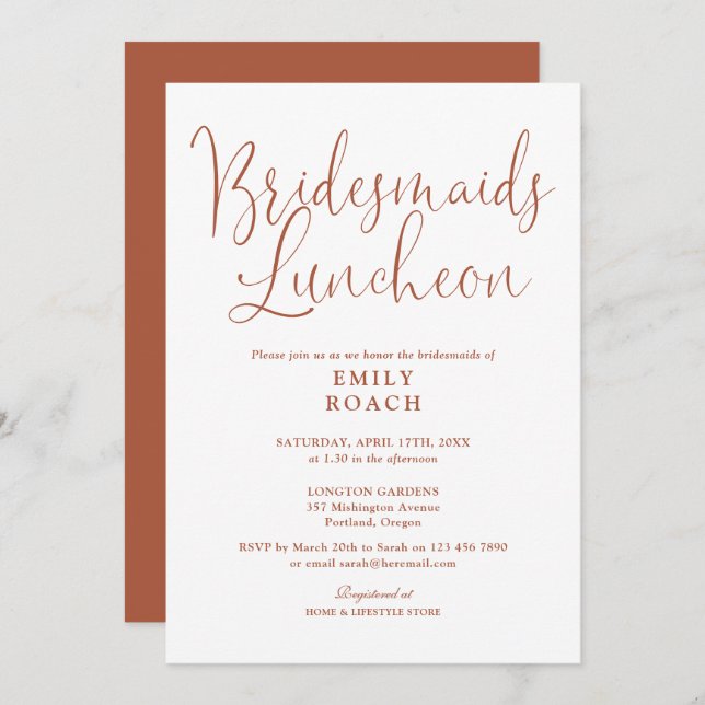 Terracotta Elegante Script Bridesmaids Luncheon Einladung (Vorne/Hinten)