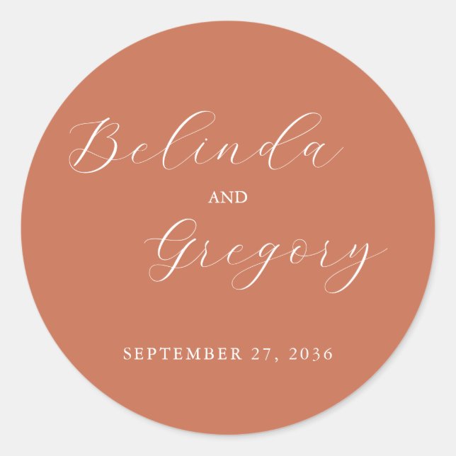 Terracotta Elegante Script Calligraphy Wedding Runder Aufkleber (Vorderseite)