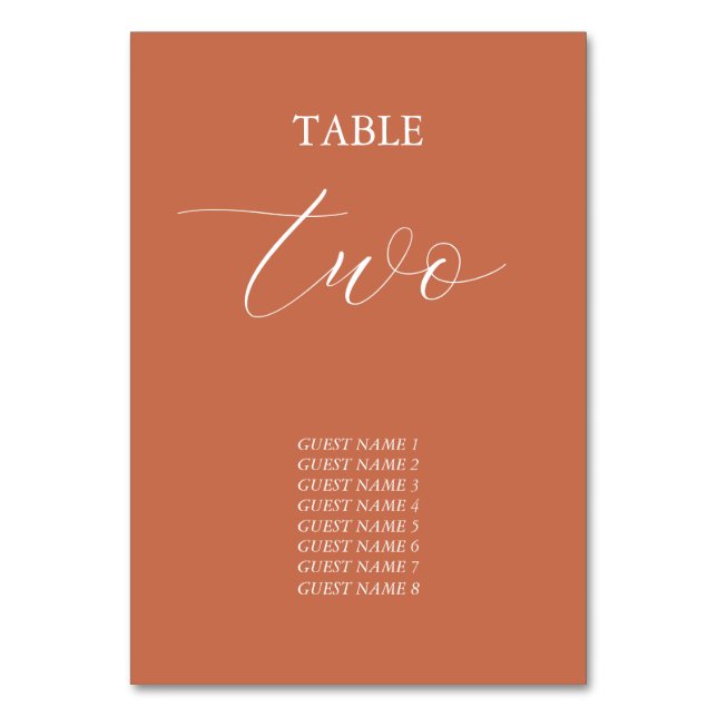 Terracotta Elegante Script Calligraphy Wedding Tischnummer (Vorderseite)