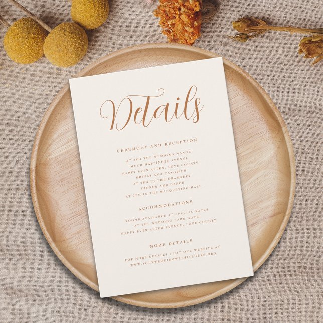 Terracotta Elegante Script Details zur Hochzeit Begleitkarte (Terracotta burnt orange beige cream Elegant script fall Wedding details card)