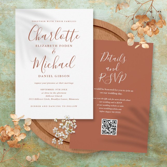 Terracotta Elegante Script QR Code Wedding Einladung (Terracotta Elegant Script QR Code Wedding Invitation)