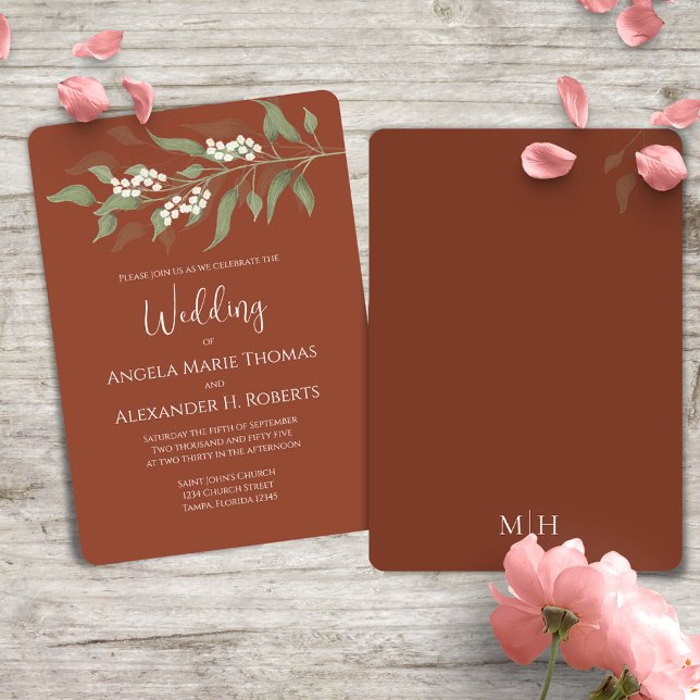 Terracotta Elegante Weinkultur und Erde Einladung (Terracotta elegant wedding invitation with watercolor greenery and foliage. )