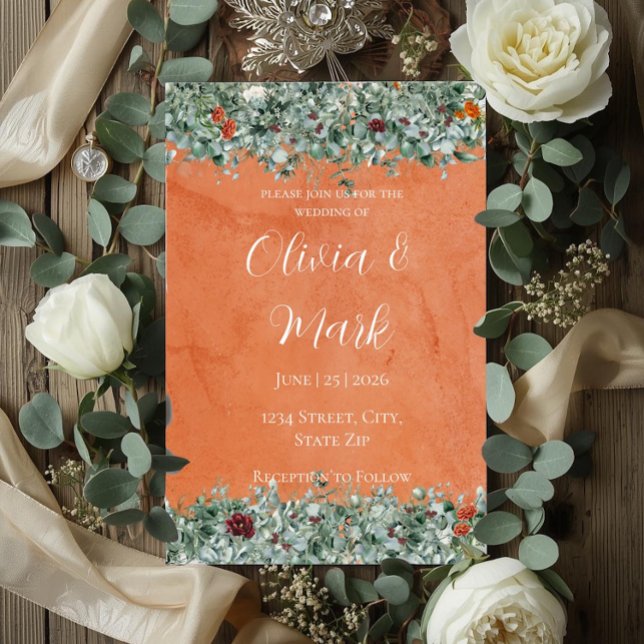 Terracotta Eucalyptus Burgundy Orange Floral Einladung (Von Creator hochgeladen)