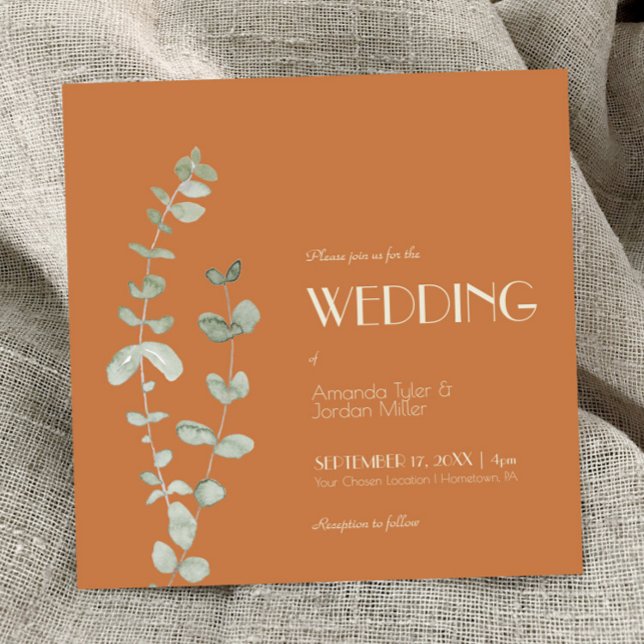 Terracotta Eucalyptus Deko Square Wedding Einladung (Von Creator hochgeladen)