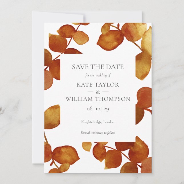 Terracotta Eucalyptus Watercolor Save the Date Einladung (Vorderseite)