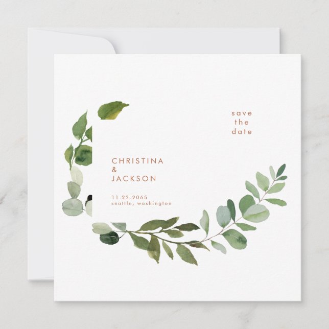 Terracotta Eucalyptus Wedding Square Save the Date (Vorderseite)