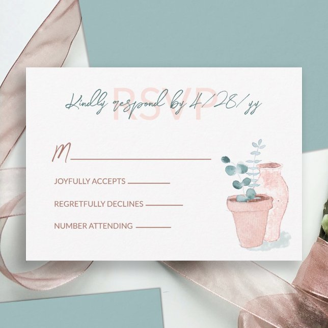 Terracotta, Eukalyptus Green Wedding RSVP Card Hinweiskarte (light terracotta clay pot light green eucalyptus leaves wedding rsvp response reply enclosure card)