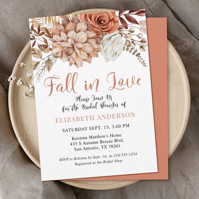Terracotta Fall Boho Brautparty Einladung (An elegant terracotta Autumn themed bridal shower invitation with the, words,"Fall in love")