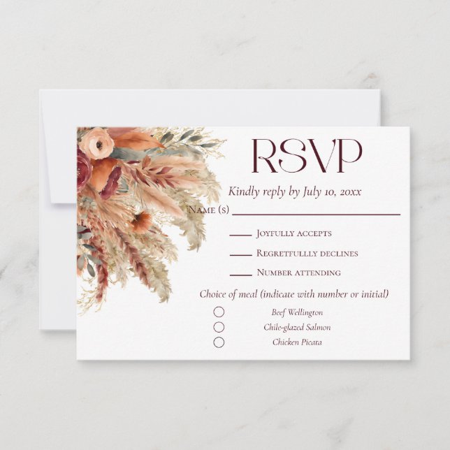 Terracotta Fall Driving Florals Pampas Grass Meals RSVP Karte (Vorderseite)