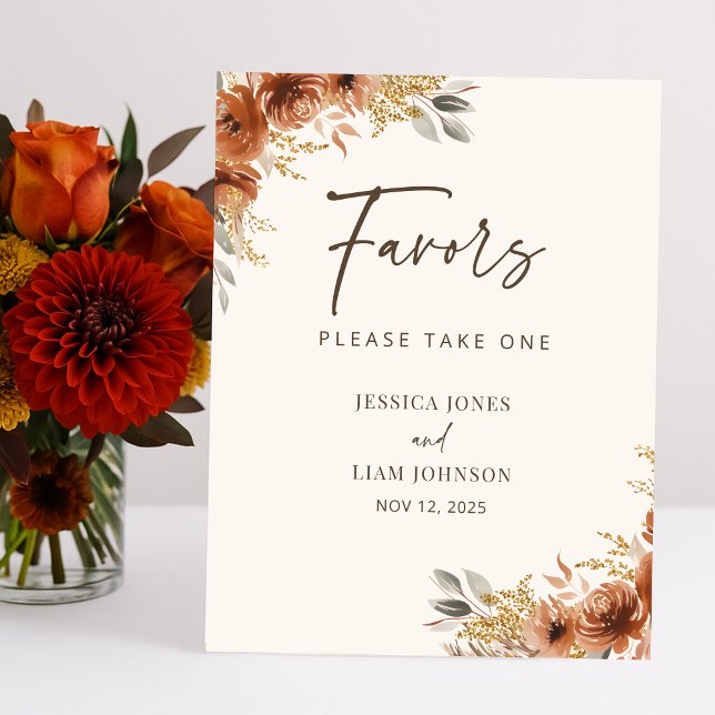 Terracotta Fall Floral Boho Gastgeschenke Hochzeit Sockelschild (Terracotta Fall Floral Boho Wedding Favors Sign)