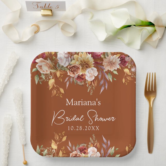 Terracotta Fall Floral Brautparty Pappteller (Hochzeit)