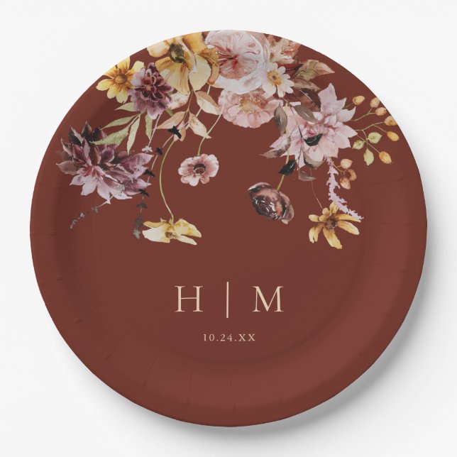Terracotta Fall Floral Monogram Wedding Pappteller (Vorderseite)
