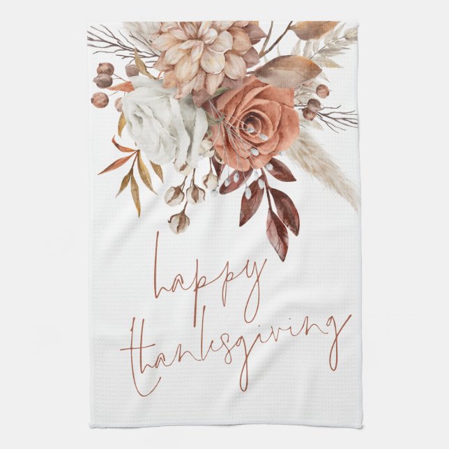 Terracotta Fall Florals Script Happy Thanksgiving Geschirrtuch (Vertikal)