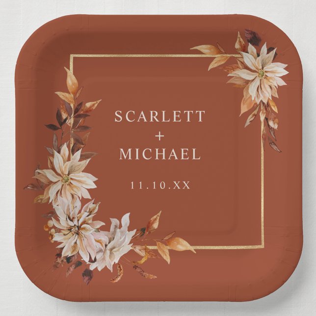 Terracotta Fall Paper Plate Pappteller (Terracotta Fall Floral Table  Decor Paper Plate by Painted Paperie)