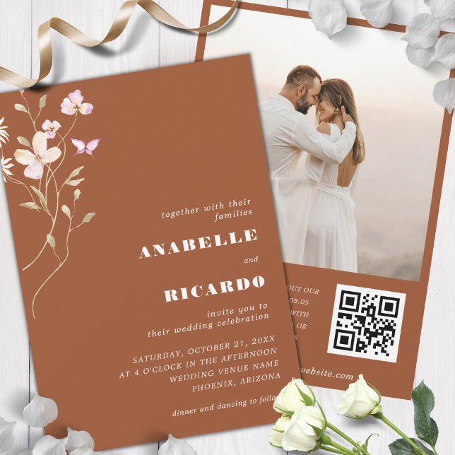 Terracotta Fall Wildblumen Foto QR Code Hochzeit Einladung (Von Creator hochgeladen)
