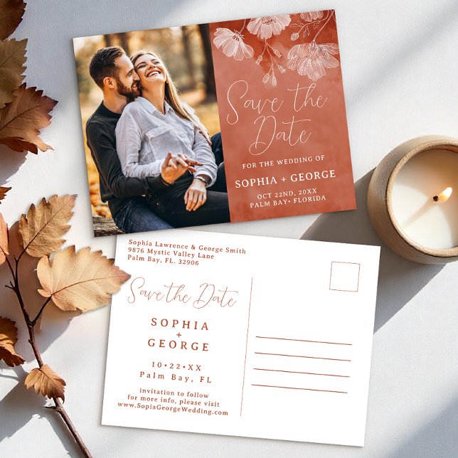 Terracotta fallflorale Save the Date Posta Postkarte (Save The Date)