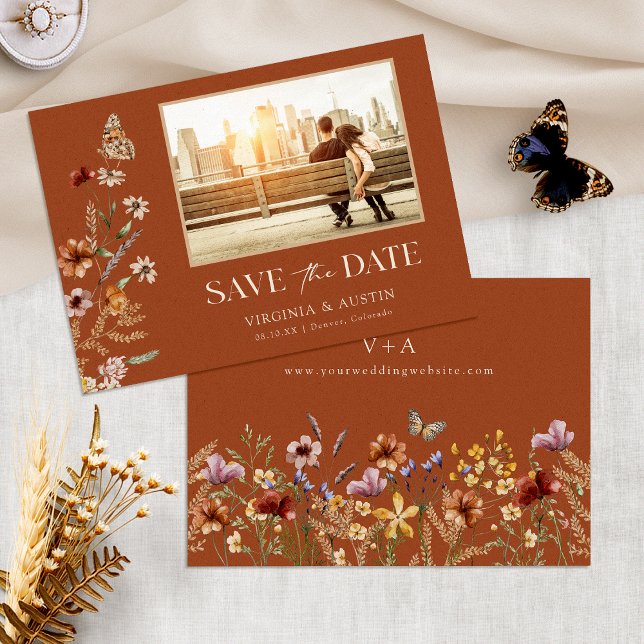 Terracotta Flat Save the Date Karte (Terracotta Floral Flat Save The Date Card Monogram by Painted Paperie
)
