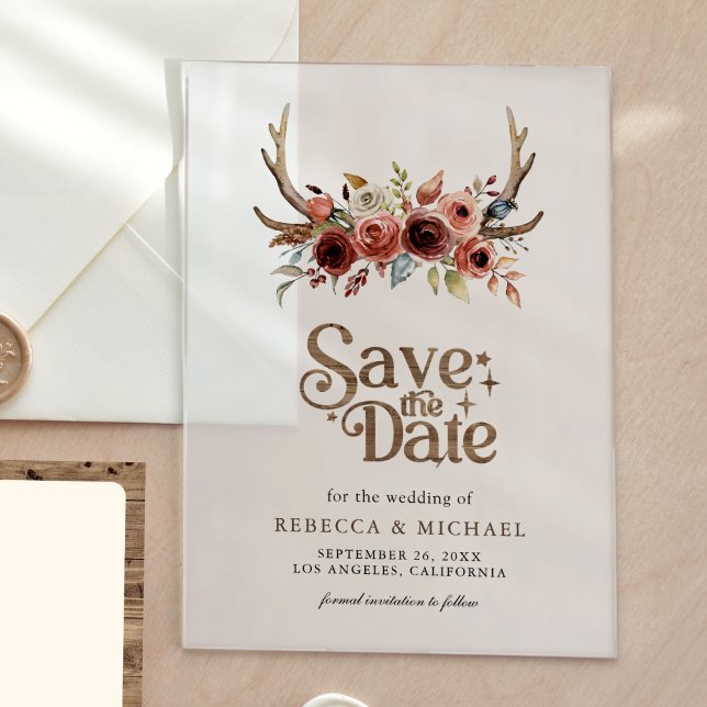 Terracotta Floral Antlers Wedding Save the Date Acryleinladungen (Von Creator hochgeladen)