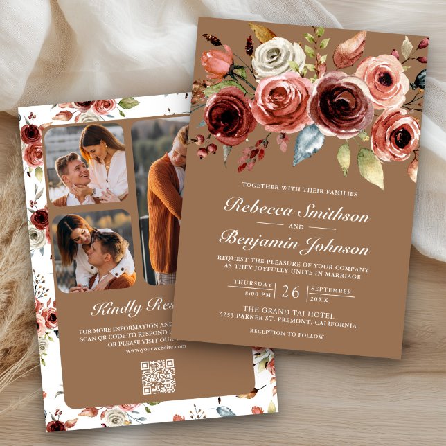 Terracotta Floral Beige Tan QR Code Wedding Einladung (Von Creator hochgeladen)
