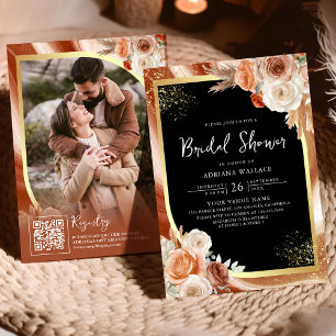Terracotta Floral Black Gold QR Code Brautparty Einladung