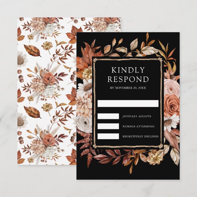 Terracotta Floral Black Wedding RSVP Karte (Vorne/Hinten)