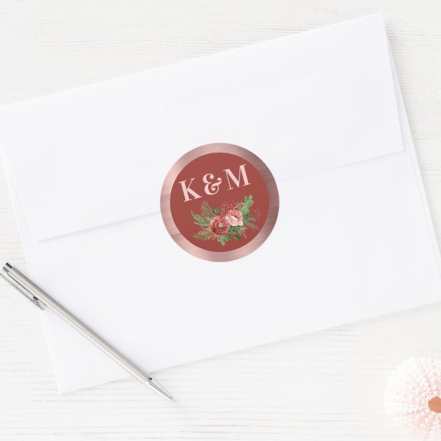 Terracotta Floral Blues Pink Weihnachtscreme Runder Aufkleber (Von Creator hochgeladen)