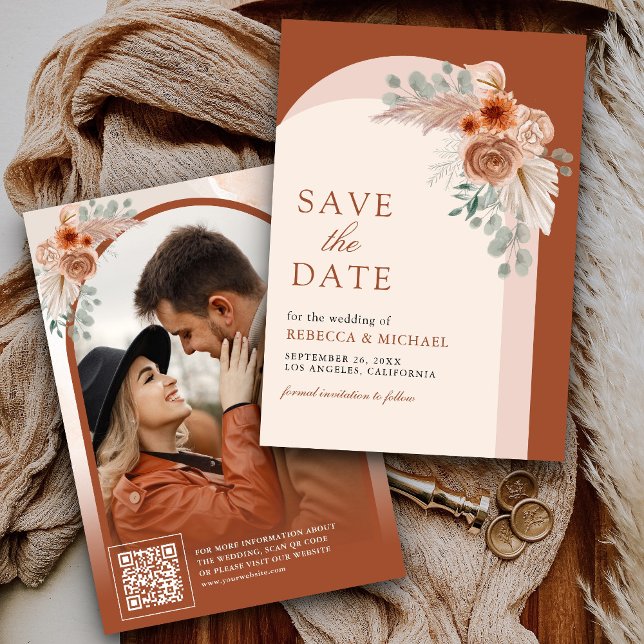 Terracotta Floral Boho Pampas Arch Foto QR Code Save The Date (Von Creator hochgeladen)