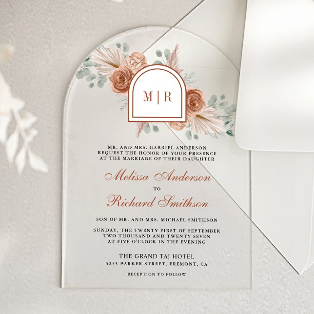 Terracotta Floral Boho Pampas Burnt Orange Wedding Acryleinladungen (Von Creator hochgeladen)