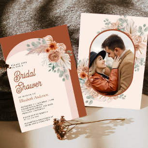 Terracotta Floral Boho Pampas Foto Brautparty Einladung
