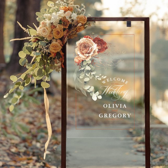 Terracotta Floral Boho Wedding Willkommen Acrylschild (Terracotta Flowers Wedding Transparent Acrylic Welcome Sign)