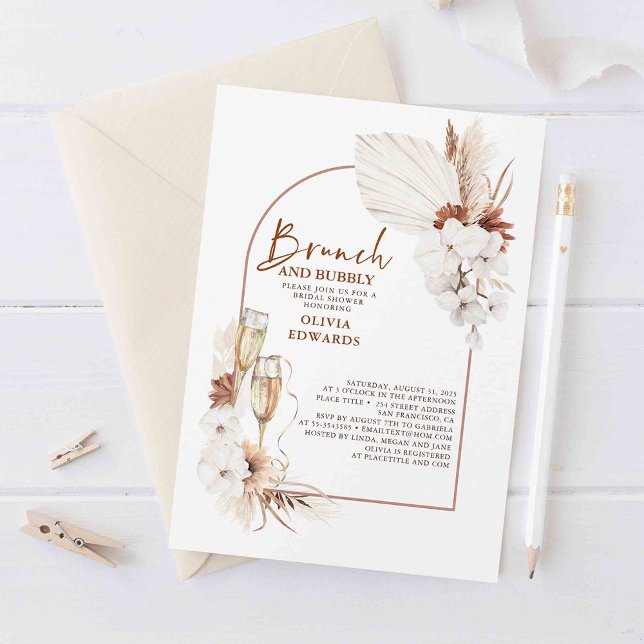 Terracotta Floral Brunch and Bubbly Brautparty Einladung (White orchids and pampas grass bridal shower invites set a sophisticated tone)