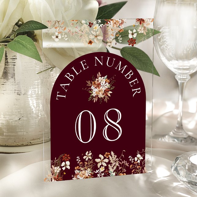 Terracotta Floral Burgundy Acrylic Table Number Acryleinladungen (Von Creator hochgeladen)