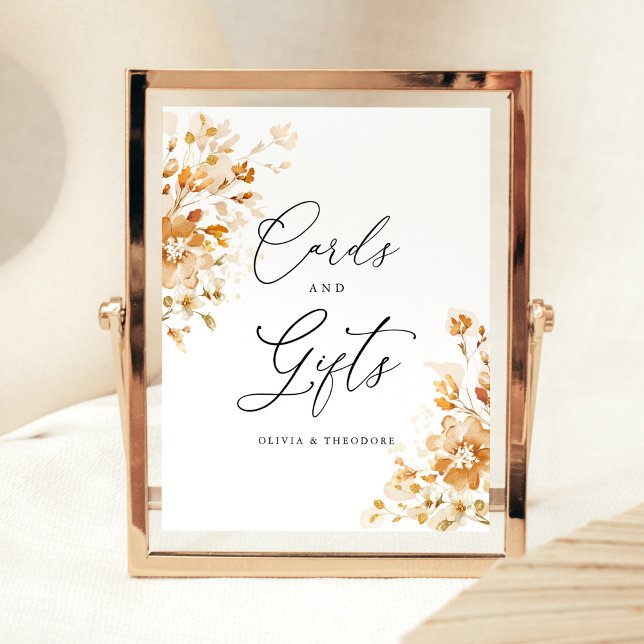 Terracotta Floral Cards & Gifts Wedding Table Sockelschild (Terracotta floral cards and gifts table sign with elegant script, burnt orange watercolor wedding)