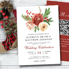 Terracotta Floral Christmas Winter Wedding QR Code Einladung