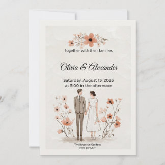 Terracotta Floral & Couple Illustration Wedding Karte