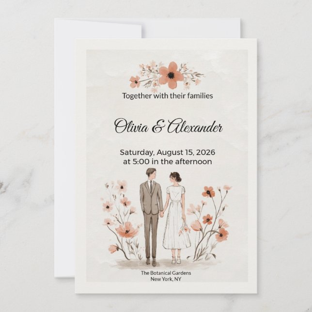 Terracotta Floral & Couple Illustration Wedding Karte (Vorderseite)
