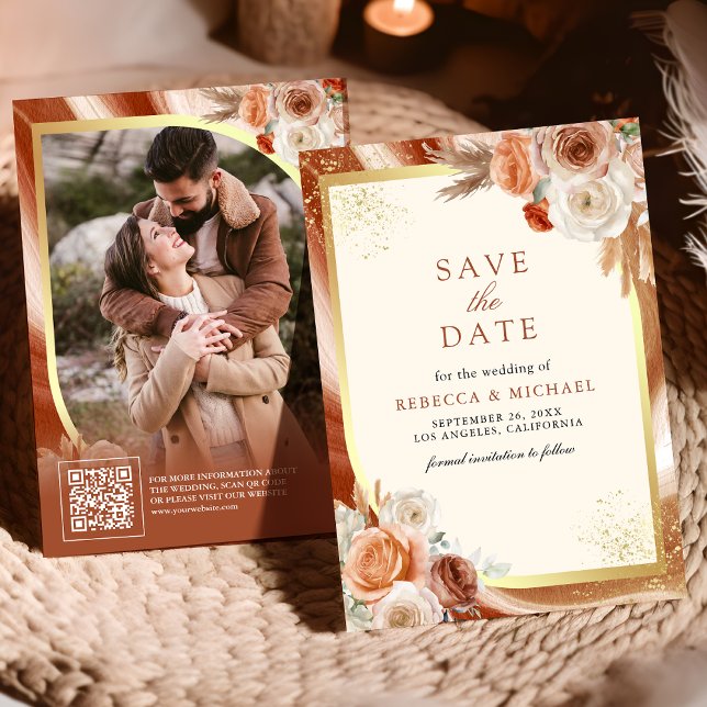 Terracotta Floral Cream Gold QR Code Foto Hochzeit Save The Date (Von Creator hochgeladen)