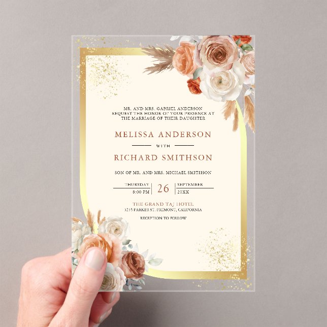 Terracotta Floral Cream Gold Wedding Acryleinladungen (Insitu (Handheld))