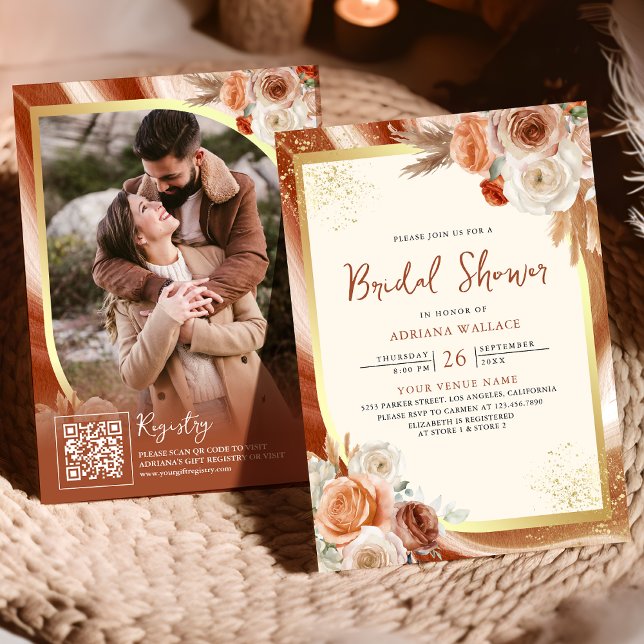 Terracotta Floral Creme Gold QR Code Brautparty Einladung (Von Creator hochgeladen)