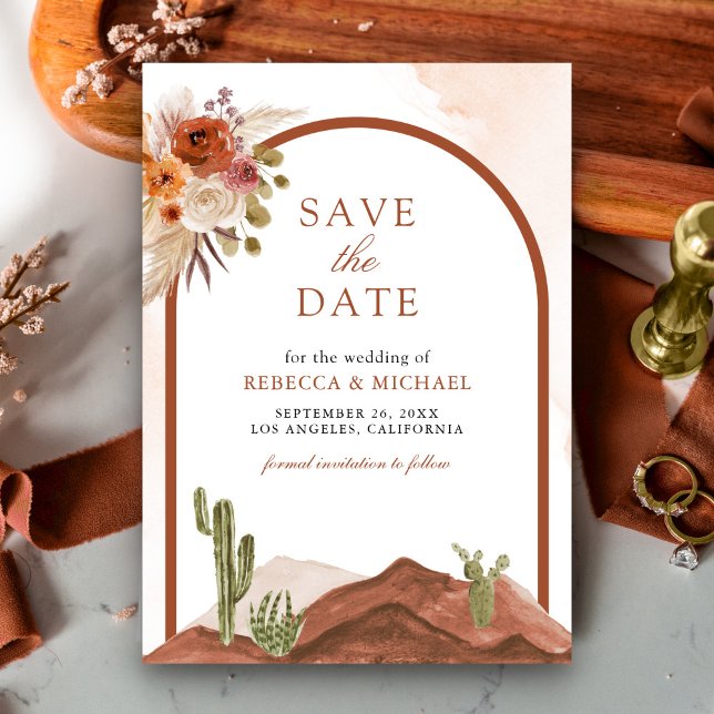 Terracotta Floral Desert Cactus Foto Wedding Save The Date (Von Creator hochgeladen)