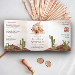 Terracotta Floral Desert Cactus QR Code Wedding Dreifach Gefaltete Einladung