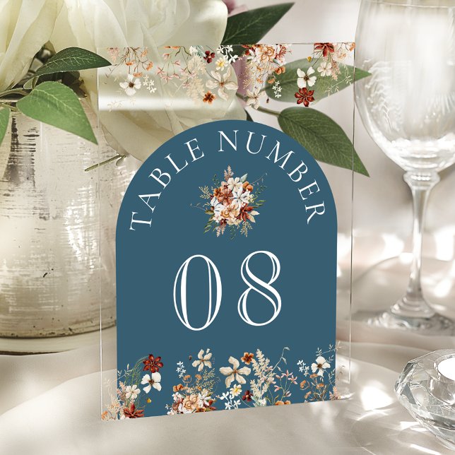 Terracotta Floral Dusty Blue Acrylic Table Number Acryleinladungen (Von Creator hochgeladen)
