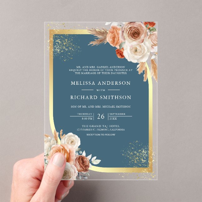 Terracotta Floral Dusty Blue Gold Wedding Acryleinladungen (Insitu (Handheld))