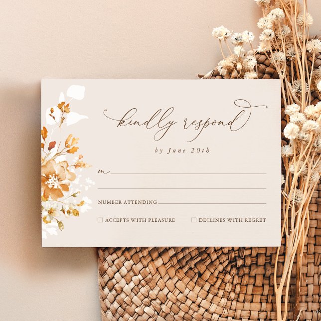 Terracotta Floral Elegant Watercolor Wedding RSVP Karte (Terracotta floral wedding RSVP card with elegant typography, neutral watercolor bridal stationery)