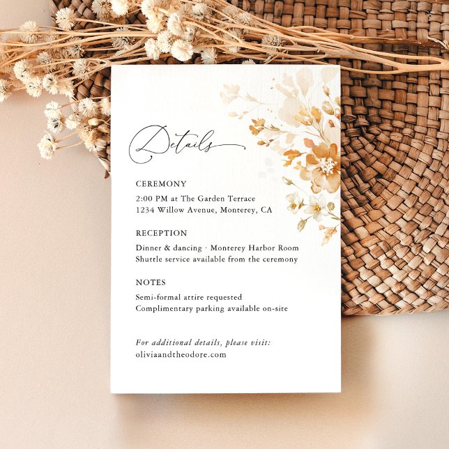 Terracotta Floral Elegant Wedding Details Ceremony Begleitkarte (Terracotta floral wedding details card with elegant information layout, burnt orange watercolor)